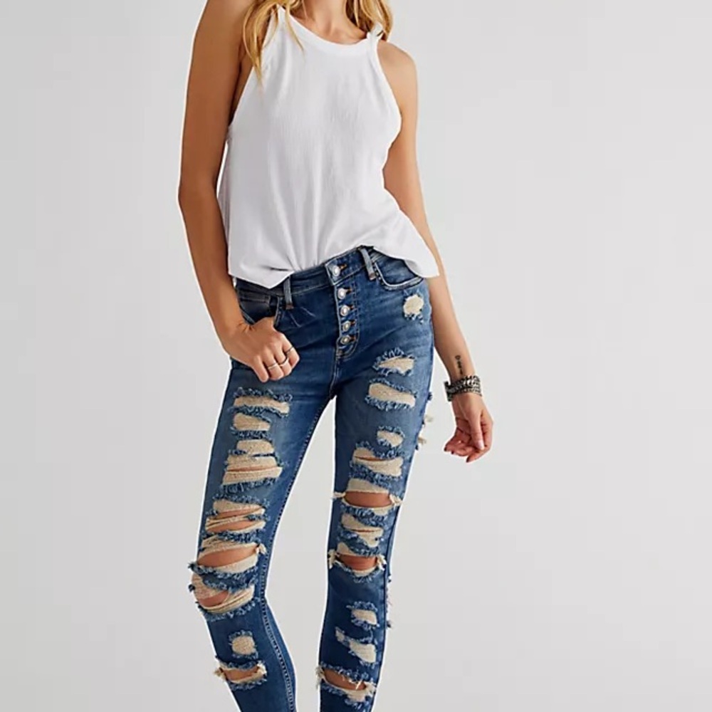 We The Free Distressed Button-Fly Skinny Jeans - Blue